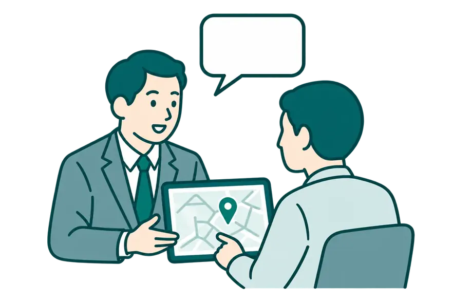 タブレットの地図画面を見ながら、担当者と相談している様子のイラスト。